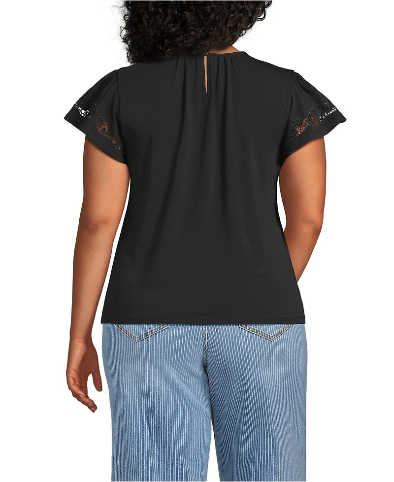 Lands' End Women's Plus Lightweight Jersey Crew Neck Ruffle Sleeve Flowy Top