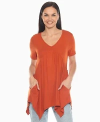 White Mark Womens Short Sleeve Shirred Front Knit Tunic Top