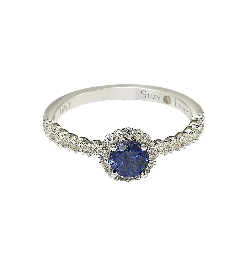 Suzy Levian New York Sterling Silver Sapphire & Created White Petite Halo Proposal Ring