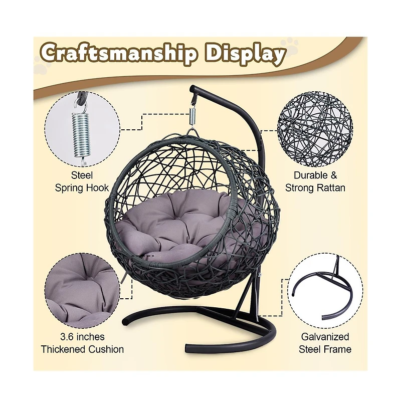 Zeus & Ruta Gray Rattan Cat Egg Chair with Stand and Cushion