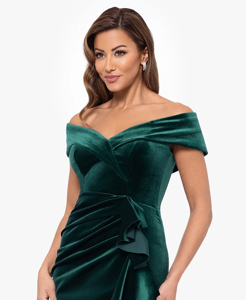 Xscape Women's Off-The-Shoulder Ruffle Velvet Dress