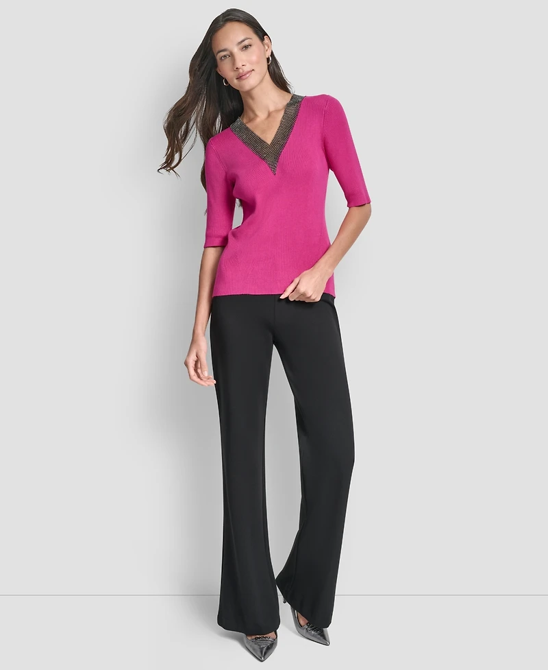 Dkny Women's Embellished-Neck Half-Sleeve Ribbed Sweater