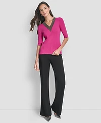 Dkny Women's Embellished-Neck Half-Sleeve Ribbed Sweater