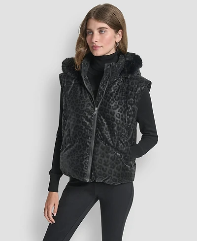 Dkny Women's Cheetah Print Tech Puffer Vest Jacket
