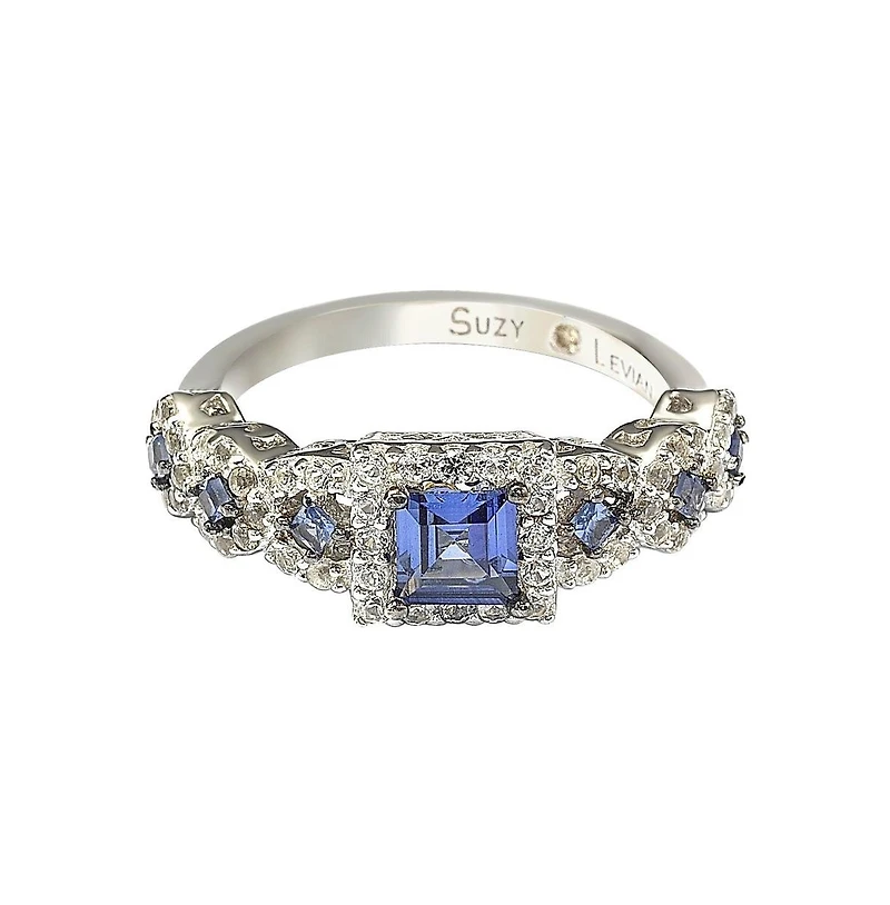Suzy Levian Sterling Silver Assher Cut Sapphire and Created White Proposal Ring