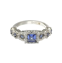Suzy Levian Sterling Silver Assher Cut Sapphire and Created White Proposal Ring