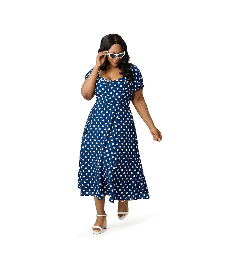 Unique Vintage Plus Dot Puff Sleeve Midi Dress