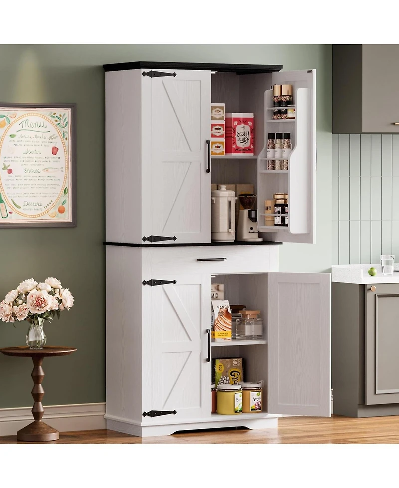 Ironck Kitchen Pantry Cabinet with Adjustable Shelves, White/Black