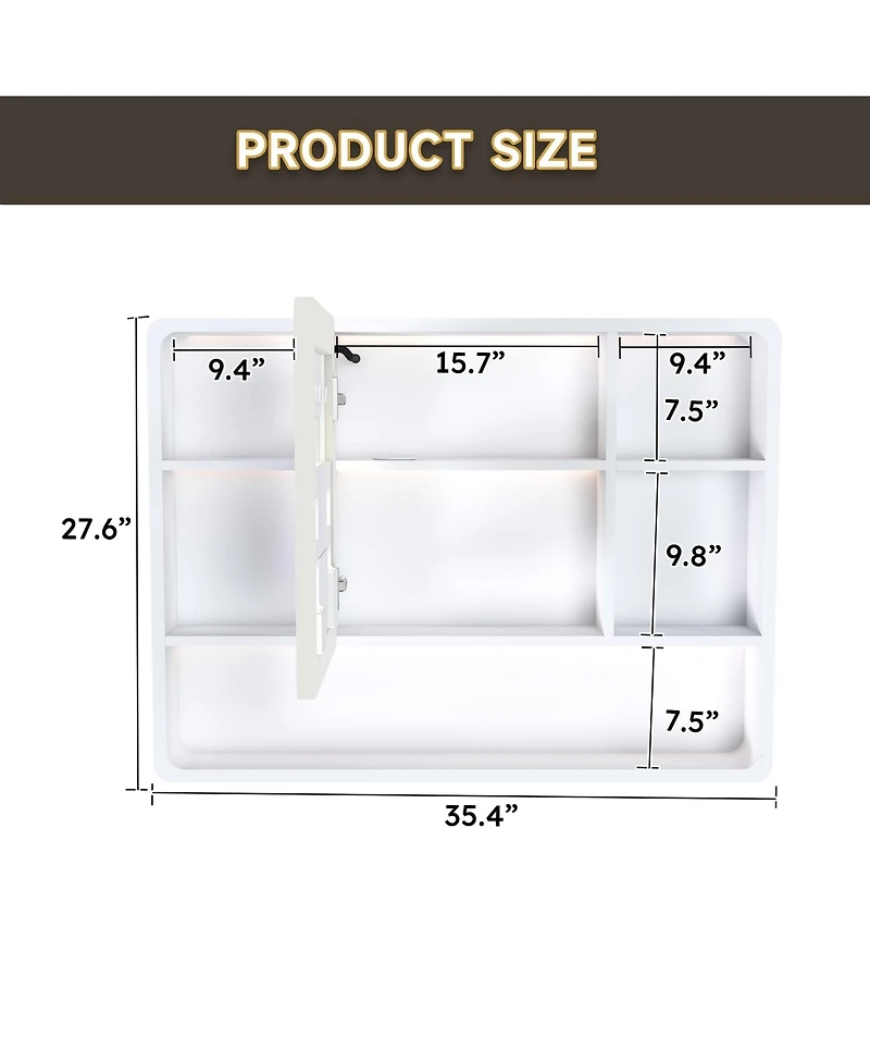Casainc 35×28 Inch Aluminum Mirror Cabinet with Defogging and 3-Color Led Light - White