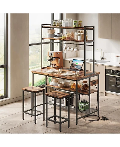 Ironck Kitchen Island with Stools, Storage and Power Outlet, Vintage Brown