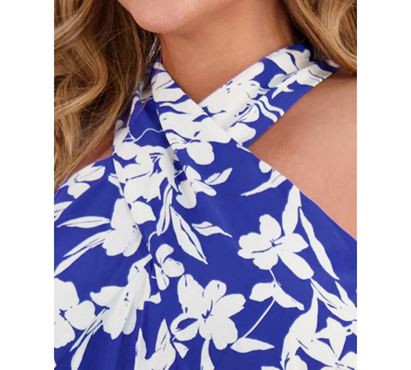 London Times Plus Crisscross Halter Belted Jumpsuit