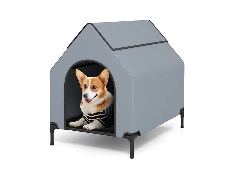 Akiudex Outdoor Elevated Dog House with Canopy and Mesh Windows