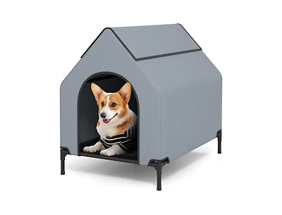 Akiudex Outdoor Elevated Dog House with Canopy and Mesh Windows