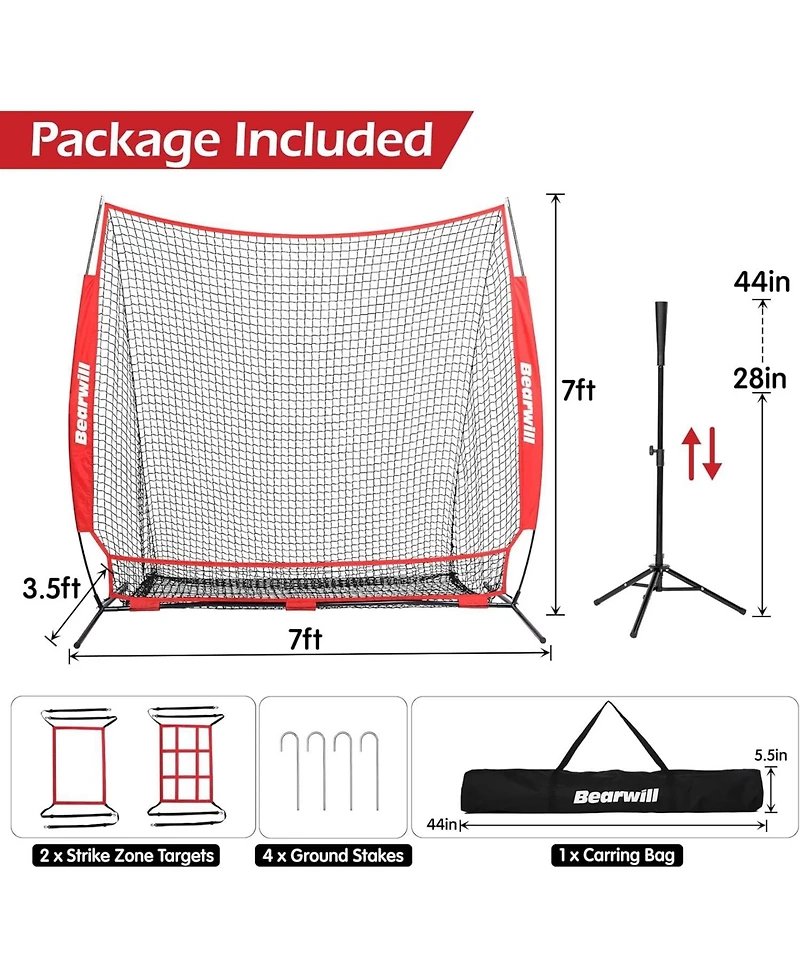 Bearwill 7x7ft Baseball & Softball Practice Net - Pitching, Hitting & Batting Net with Ball Collection System, Tee, 2 Strike Zones & Carry Bag