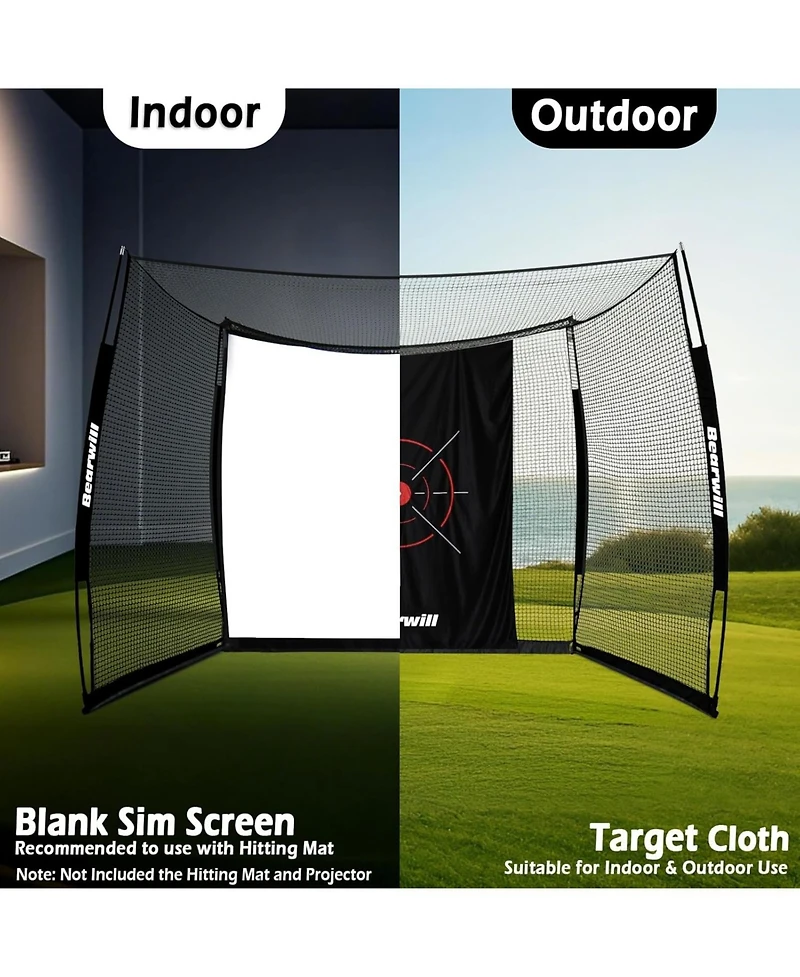 Bearwill 11FT x 8FT Golf Net with Simulator Impact Screen - Hd Blank Screen & Target Cloth for Driving, Swing Practice - Home, Garage, Backyard