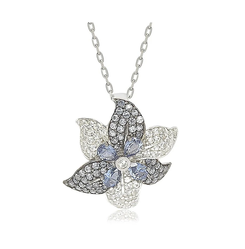 Suzy Levian New York Sterling Silver Sapphire & Created White Exotic Flower Pendant Necklace