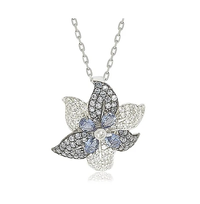 Suzy Levian New York Sterling Silver Sapphire & Created White Exotic Flower Pendant Necklace