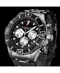 Stuhrling 1022 Men s Chronograph Watch Quartz Movement Black Dial Silver Subdials Black Bezel Stainless Steel Case and Bracelet 50M Water Resistant