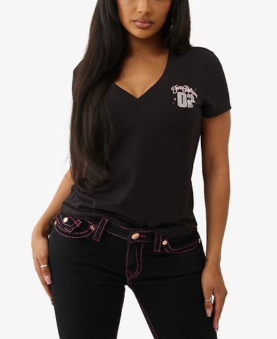 True Religion Women's Sporty Crystal V Neck T-Shirt