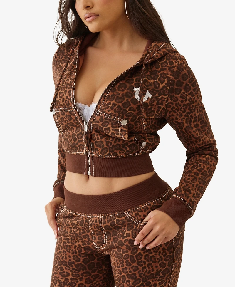 True Religion Women's Big T Crystal Leopard Shrunken Hoodie