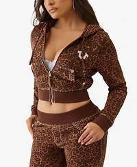 True Religion Women's Big T Crystal Leopard Shrunken Hoodie