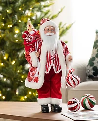 Glitzhome 18" Faux Fur Christmas Peppermint Santa Figurine