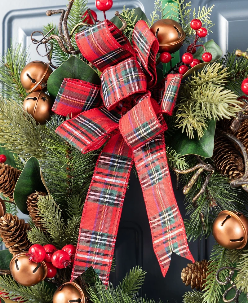 Glitzhome 24" Christmas Bell, Pinecone and Berry Bow Wreath