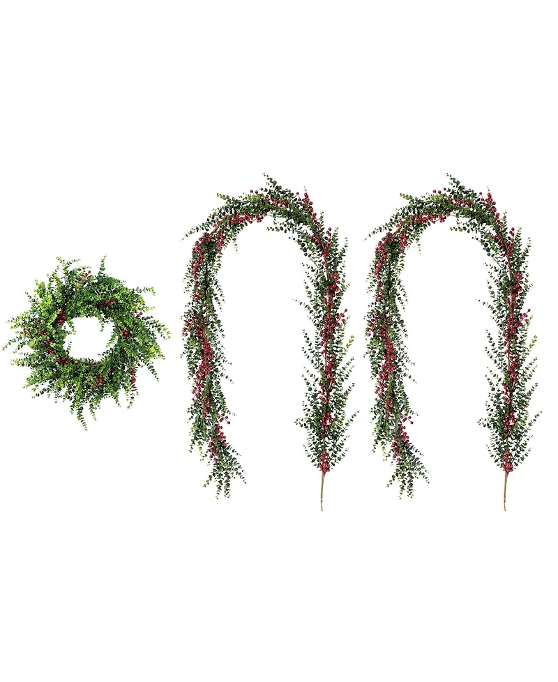 Glitzhome Christmas Greenery Dripping Eucalyptus Wreath and Matched Garlands, Set of 3