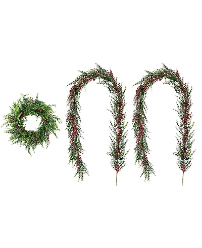 Glitzhome Christmas Greenery Dripping Eucalyptus Wreath and Matched Garlands, Set of 3