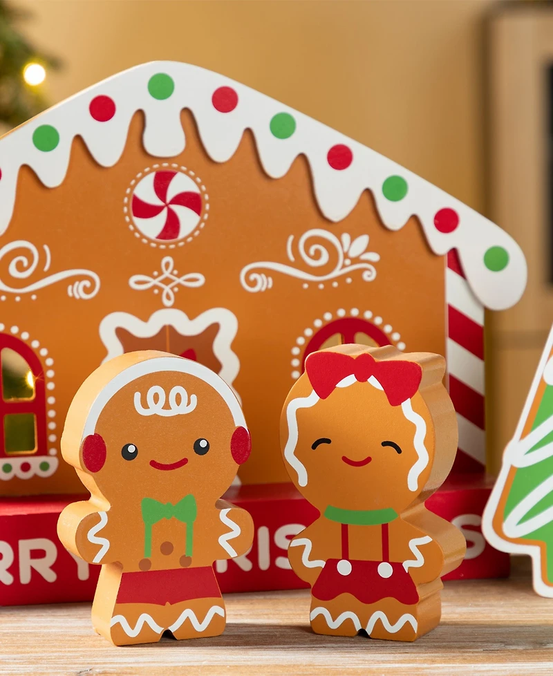 Glitzhome Wooden Christmas Gingerbread House Table Decor, Set of 4