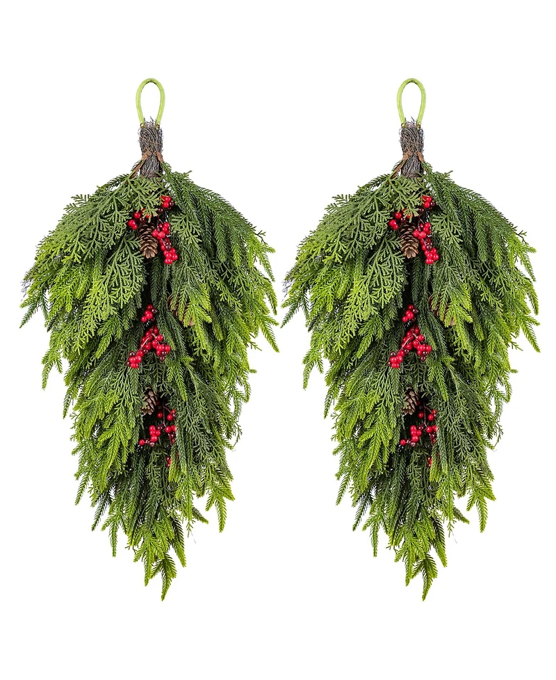 Glitzhome Christmas Greenery Dripping Teardrops with Pinecones and Red Berries, Set of 2