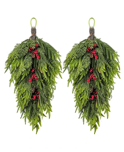 Glitzhome Christmas Greenery Dripping Teardrops with Pinecones and Red Berries, Set of 2