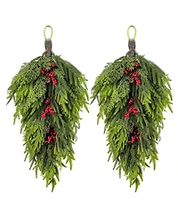 Glitzhome Christmas Greenery Dripping Teardrops with Pinecones and Red Berries, Set of 2
