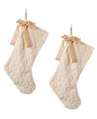 Glitzhome Twisted Faux Marten Fur Christmas Stockings with Bow, Set of 2