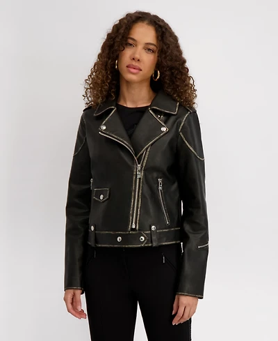 Karl Lagerfeld Paris Women's Asymmetric Faux Leather Belted Moto Coat, Created for Macys