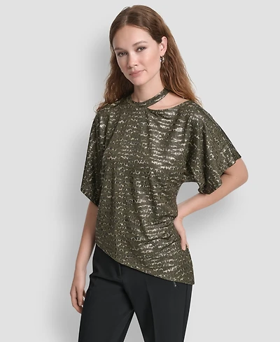Dkny Women's Short Sleeves Cut Foil Printed Top