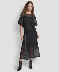 Dkny Womens Leopard Mesh Blouse Asymmetric Knit Skirt