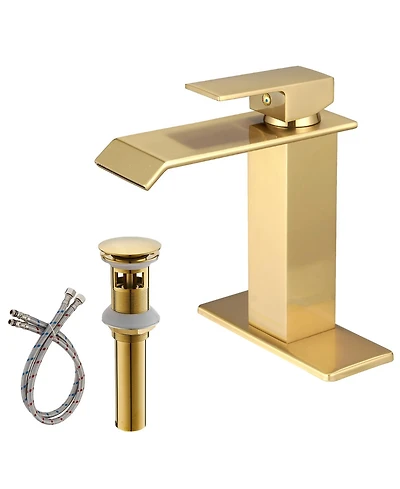Waterfall Single Handle Hole Modern Bathroom Faucet Drip-Free Lavatory Rv Sink Brushed Gold