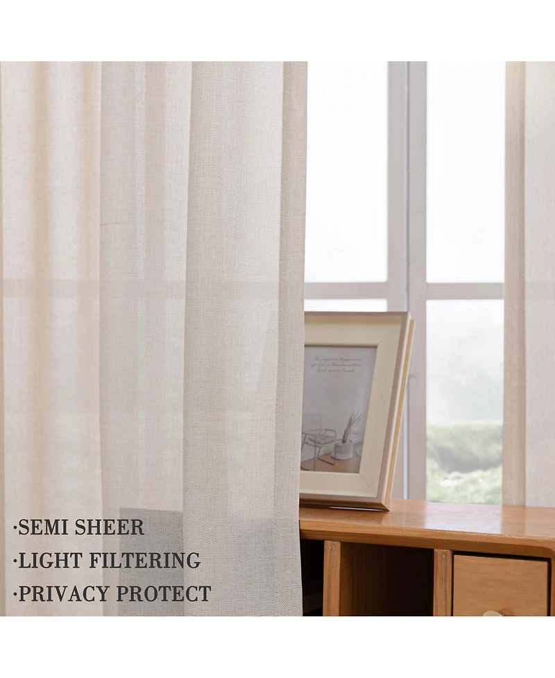 Faux Linen Texture Light Filtering Back Tab Curtains, Semi Sheer Farmhouse Window Curtains (2 Panels), 52"x96"
