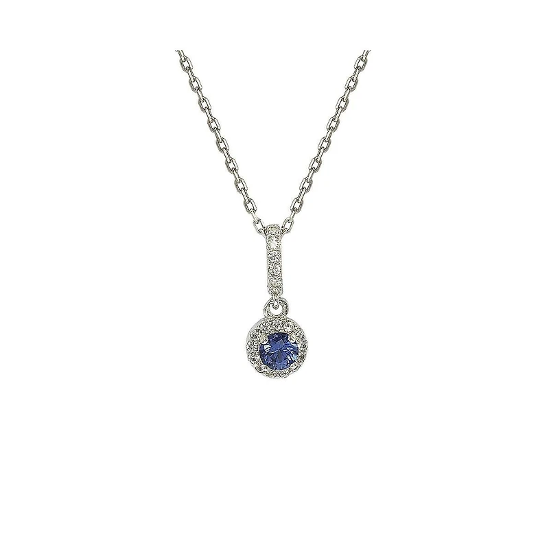 Suzy Levian Sterling Silver Sapphire & Created White Solitaire Halo Drop Pendant Necklace