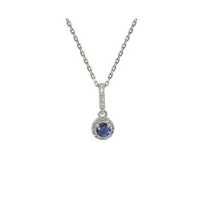 Suzy Levian Sterling Silver Sapphire & Created White Solitaire Halo Drop Pendant Necklace