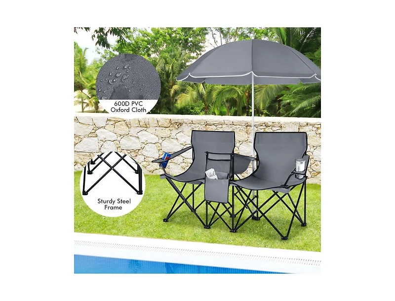 Akiudex portable folding picnic double chair with removable umbrella