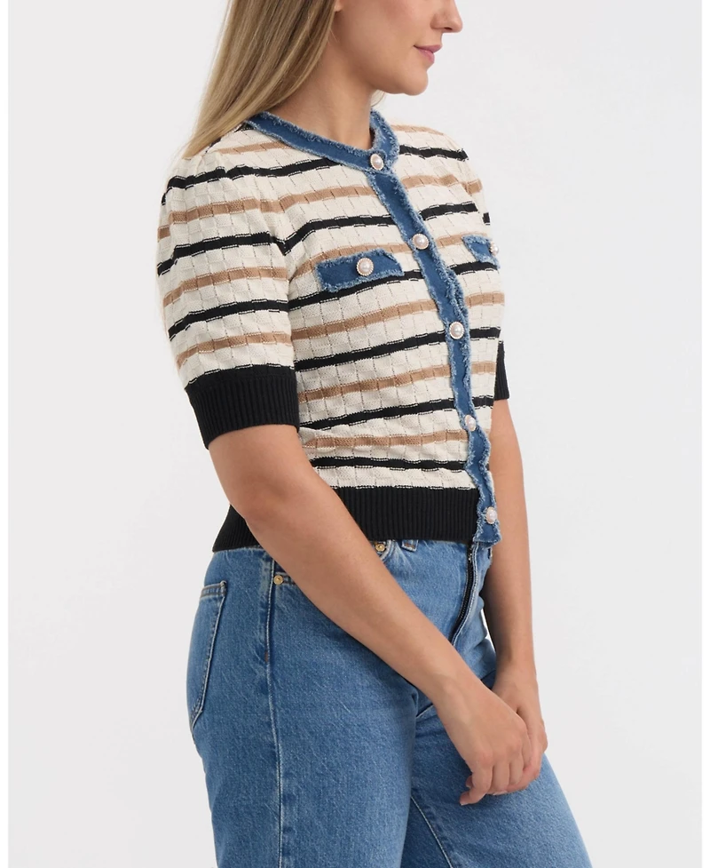 Ellen Tracy Women's Short Sleeve Cardigan With Denim Trim