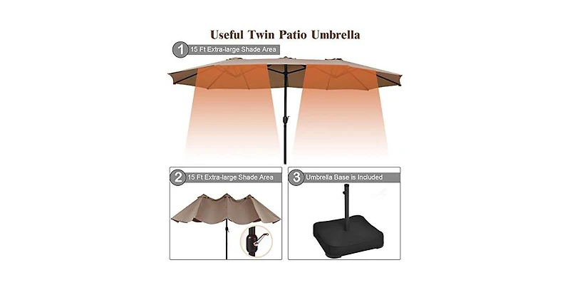 Mecale 15 Feet Double-Sided Twin Patio Umbrella with Crank and Base