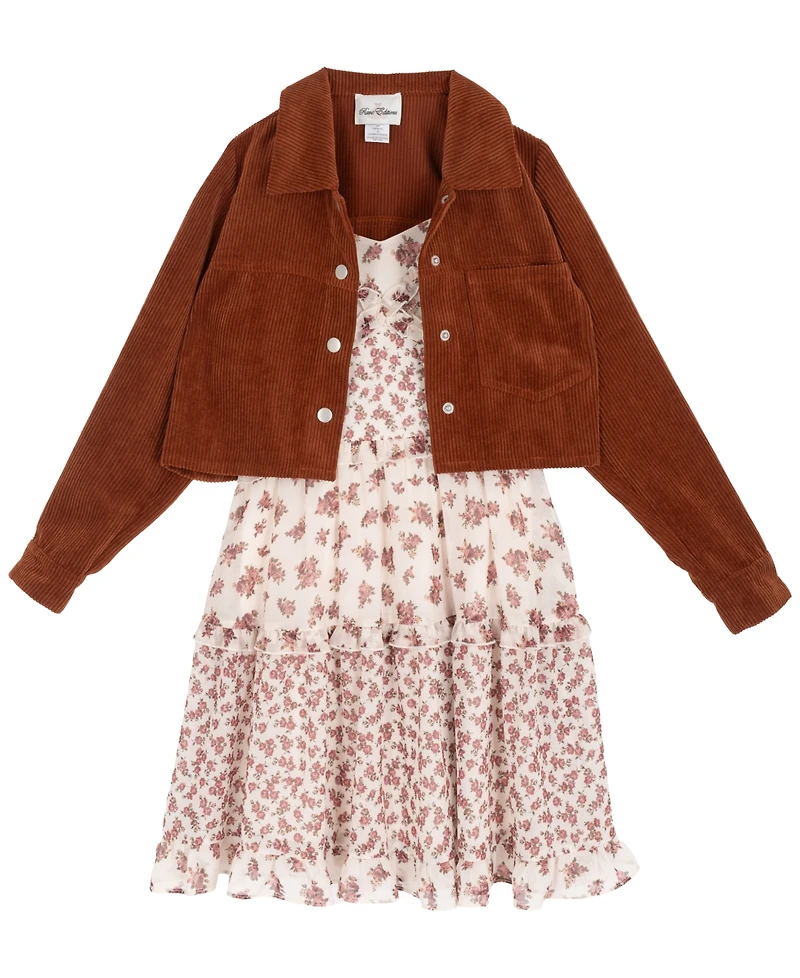 Rare Editions Big Girl 2-Piece Floral Chiffon Dress with Corduroy Jacket Set