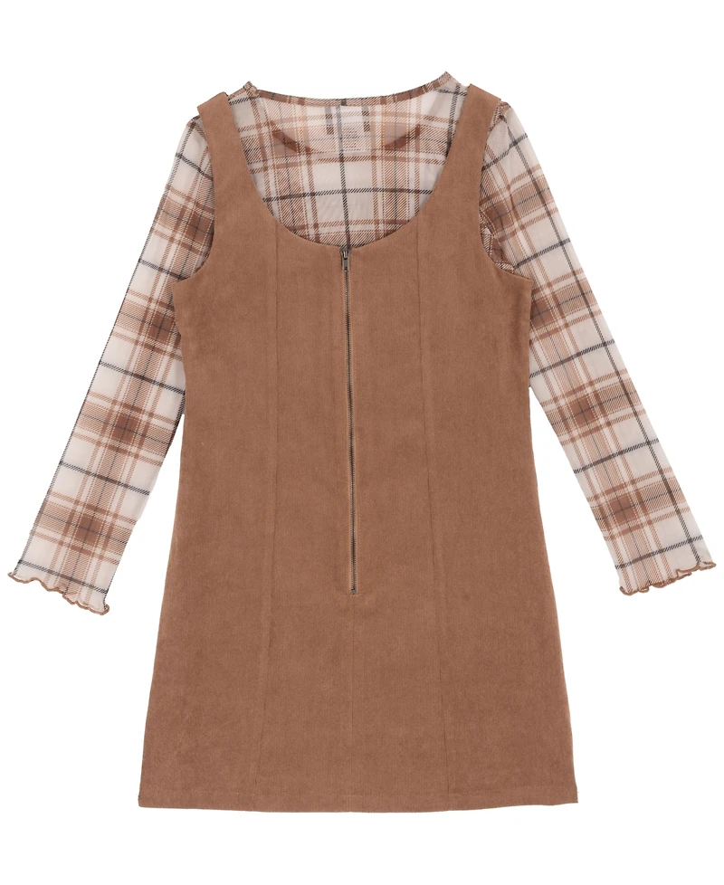 Rare Editions Big Girl 2-Piece Corduroy Dress over Plaid Mesh Top with Necklace Set