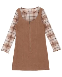 Rare Editions Big Girl 2-Piece Corduroy Dress over Plaid Mesh Top with Necklace Set