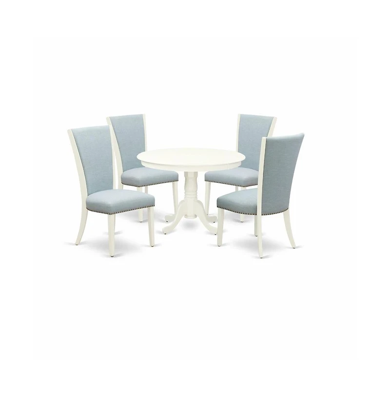 East West Furniture dining table set of 4 fantastic parson dining chairs with Linen Fabric Baby Blue color and a stunning mid-century dining table wit
