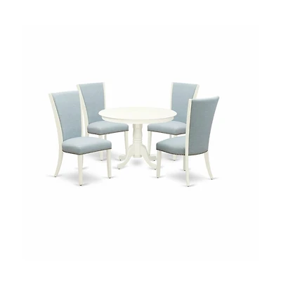 East West Furniture dining table set of 4 fantastic parson dining chairs with Linen Fabric Baby Blue color and a stunning mid-century dining table wit