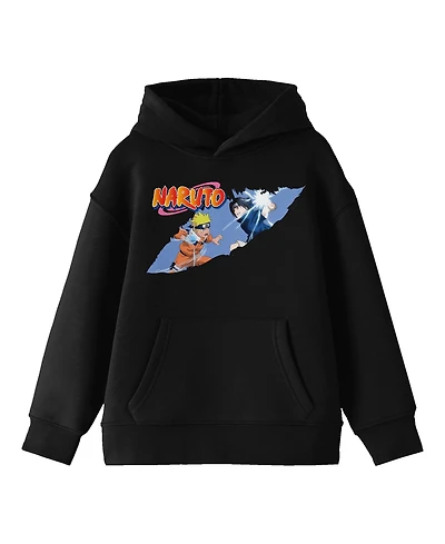 Naruto Boys Classic Clipped Sasuke Fight Long Sleeve Black Hooded Sweatshirt-xl